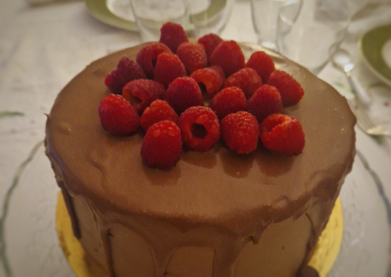 Chocolate Cake with Raspberry Frosting and Chocolate Glaze